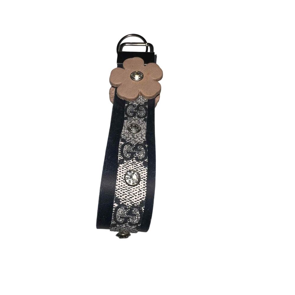 Repurposed Gucci Bag Keychain  Leather Trim & Rhinestone Flower Detail